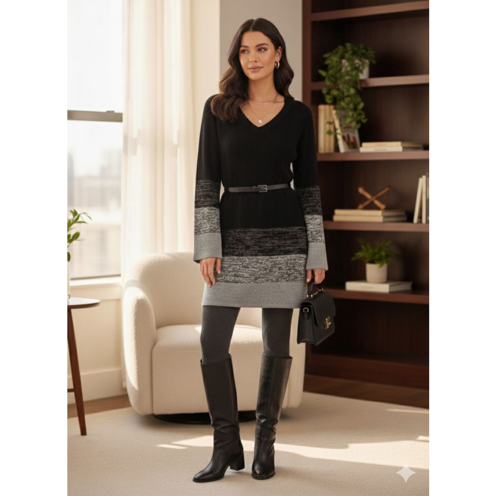 Women's RED PAINT V-Neck Sweater Mini Dress M Black Gray Striped